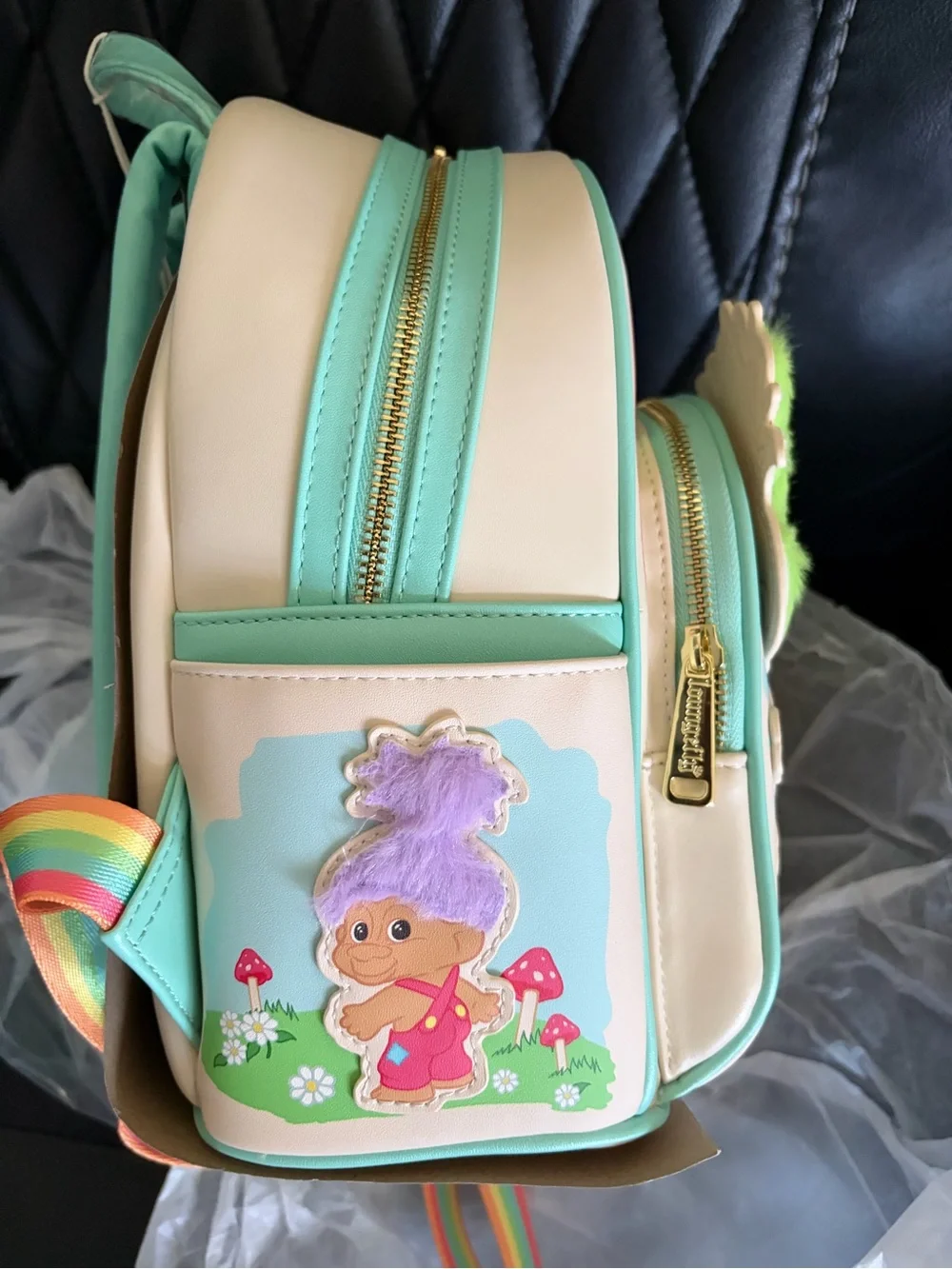 Loungefly Pastel Rainbow Trolls Mini Backpack with Lime & Yellow Hair
